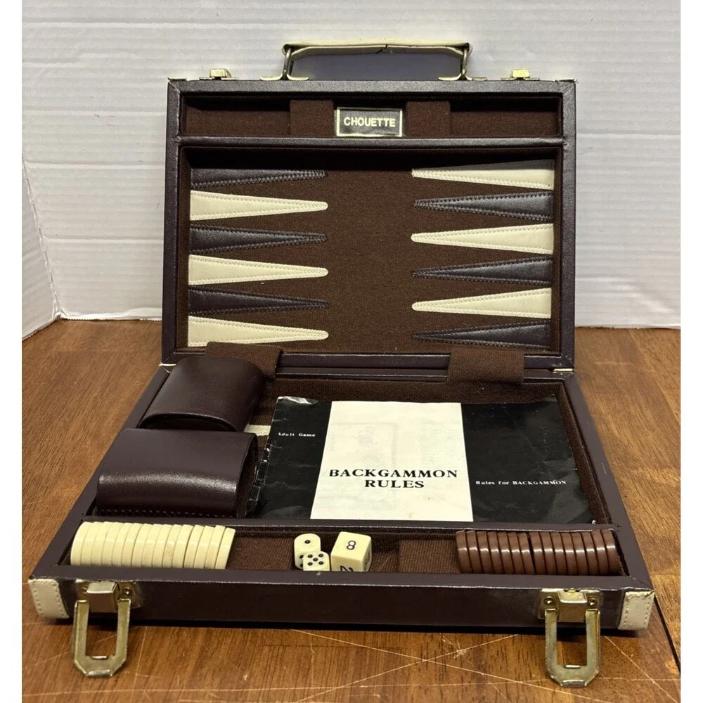 Vintage Chouette Travel Backgammon Set Attaché Case Complete Dice Cups Rules